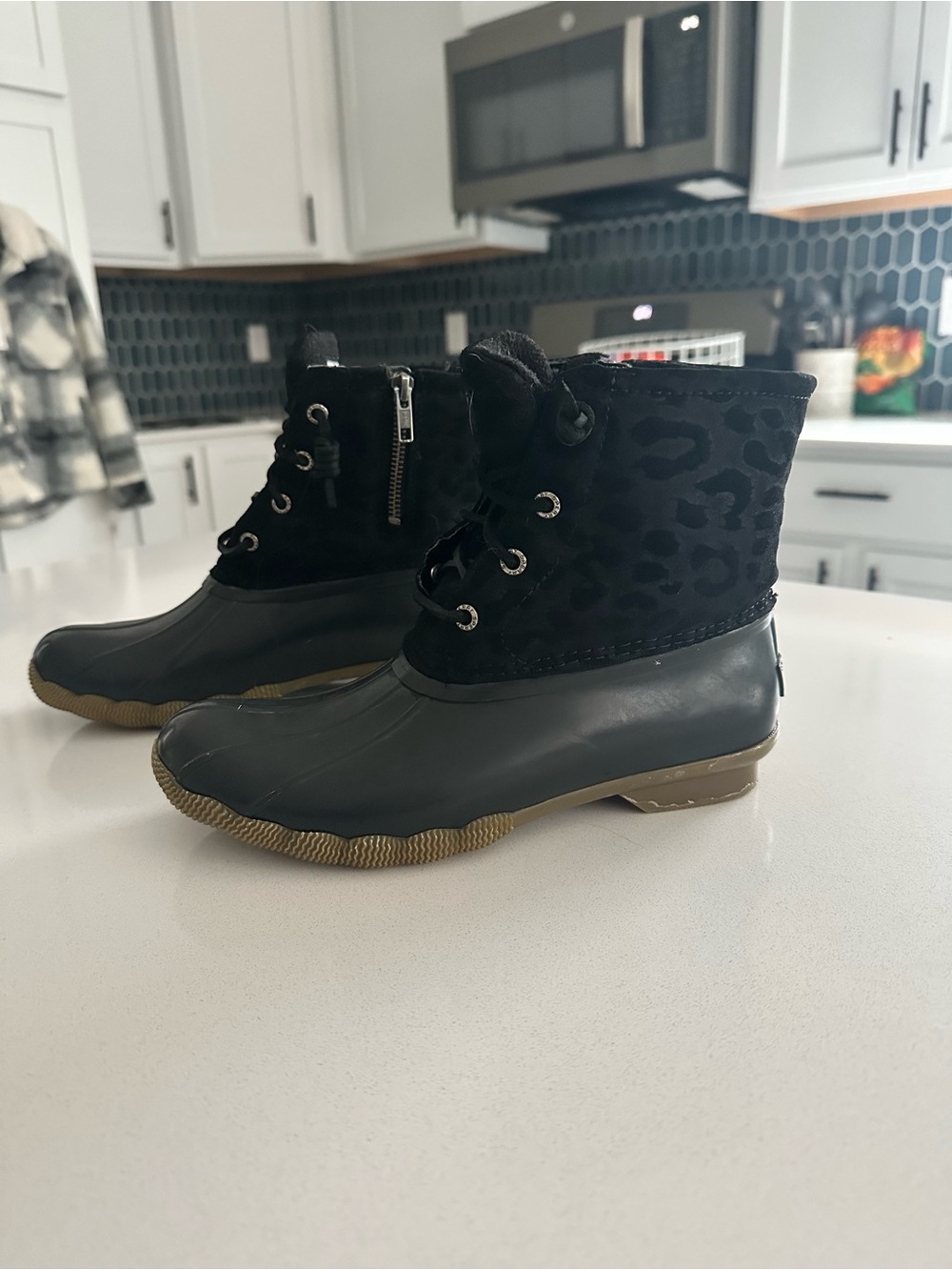 Sperry Black Leopard-Print Duck Boots with Tan Sole